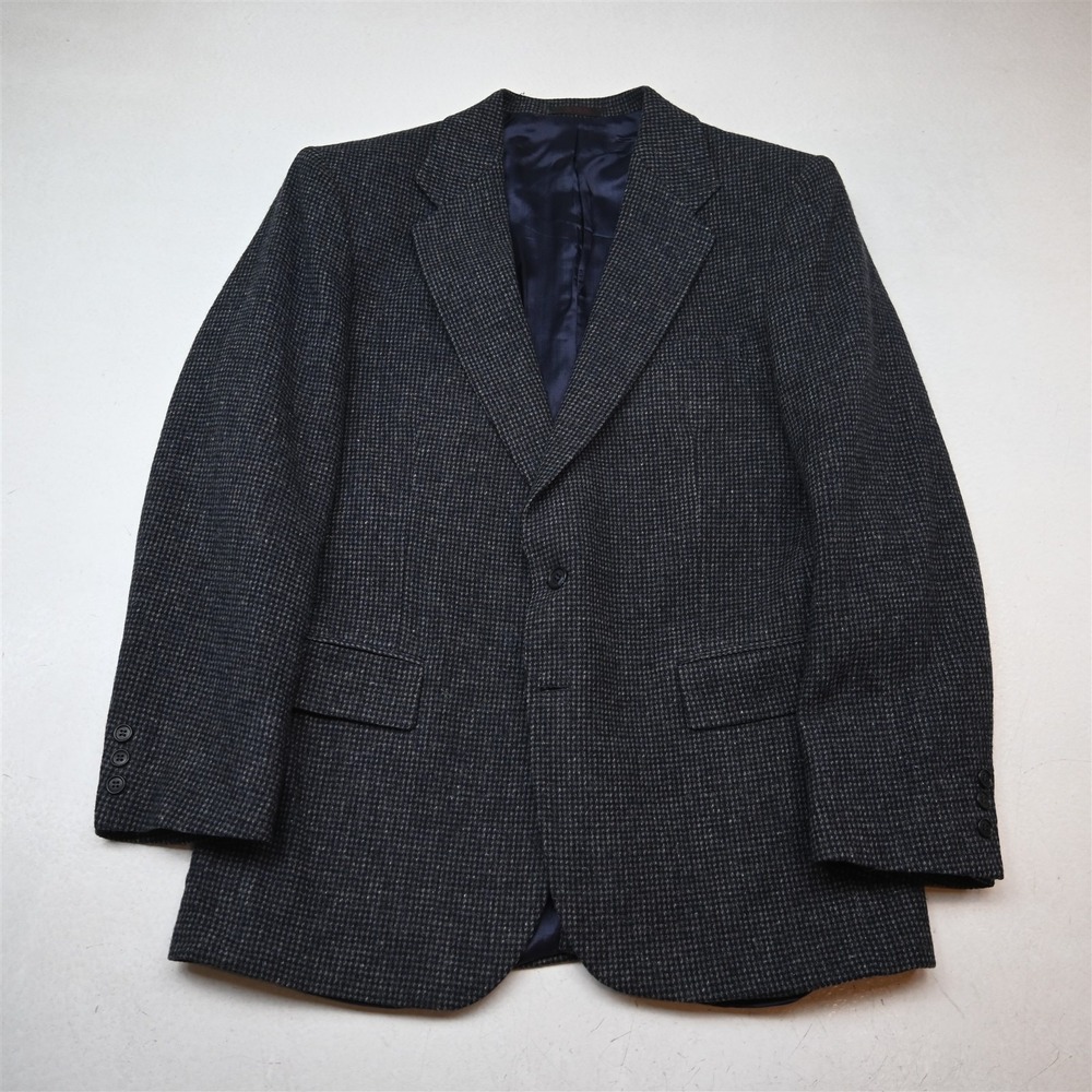Vtg USA Made 42L Navy Blue Nailshead 100% Wool Tweed Blazer Jacket Sport Coat